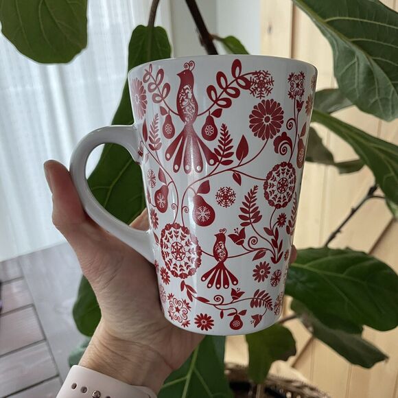 World Market Ceramic White Coffee Mug Tea Cup Red Floral Birds Pears - Picture 1 of 5